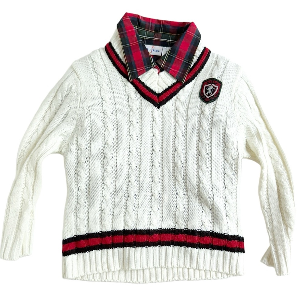 BT Kids Sweater 4T Vintage cable knit Pullover with button down Shirt Combo Set